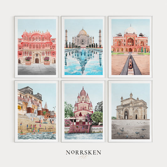 India Gallery Wall Set of 6, Watercolor Paintings, India Wall Art, India Art Prints, India Cityscapes, Travel Gift