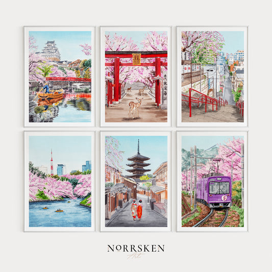Japan Set of 6 Watercolor Art Prints, Japan Wall Art, Japanese Landscapes, Japan Spring Wall Decor, Tokyo Print, Japan Art, Travel Gift