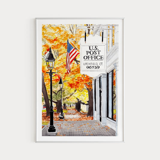 Litchfield Connecticut Watercolor Painting - Fall Wall Art - NorrskenArt