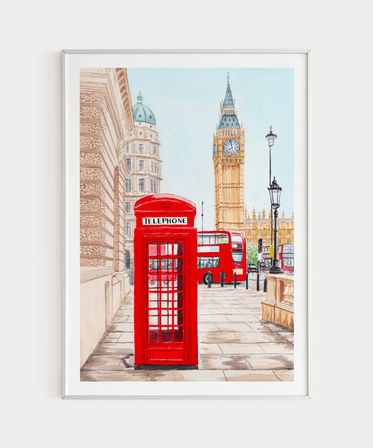London Watercolor Print, England Wall Art, London Cityscape, UK Decor, London Travel Art