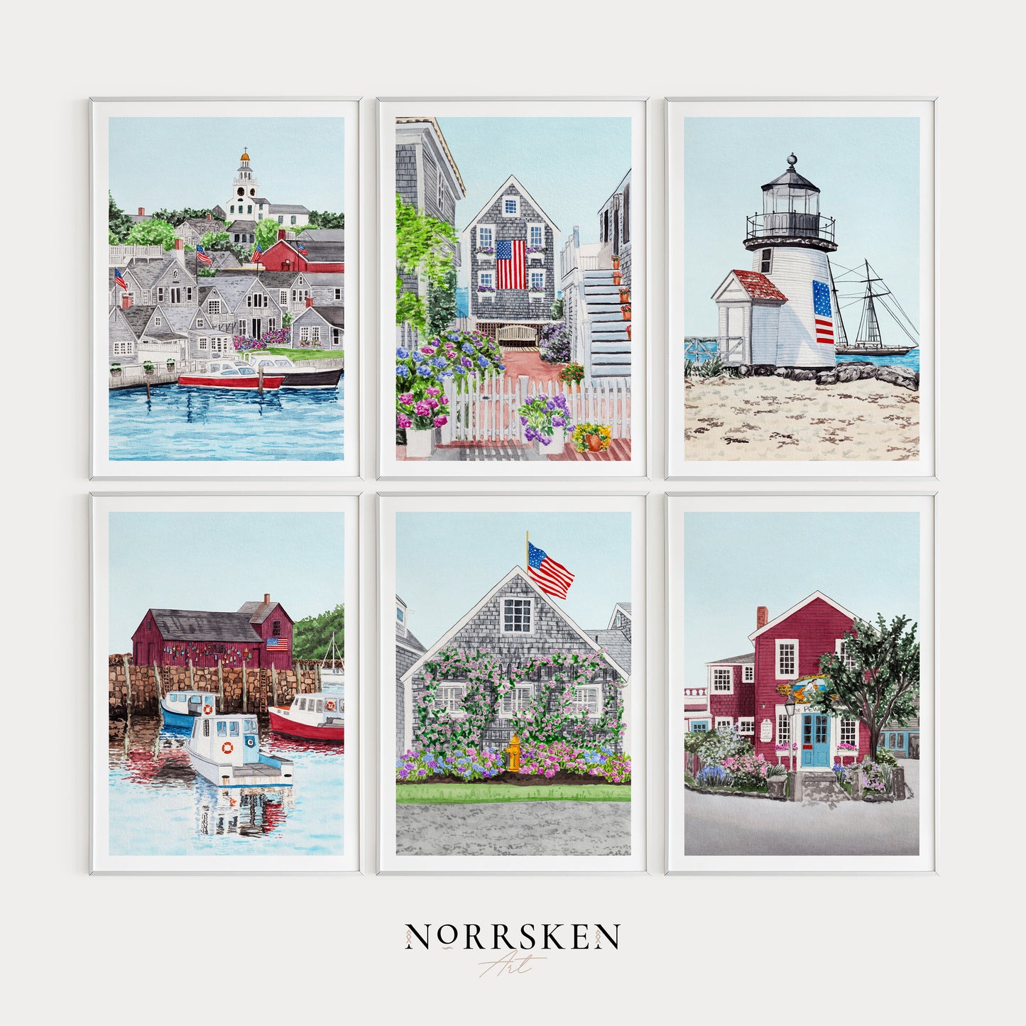 Massachusetts Set of 6 Watercolor Wall Art - NorrskenArt