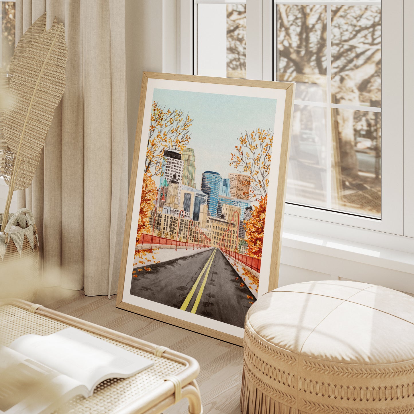 Minneapolis Watercolor Print, Minnesota Fall Wall Art, Minneapolis Cityscape, USA Travel Art