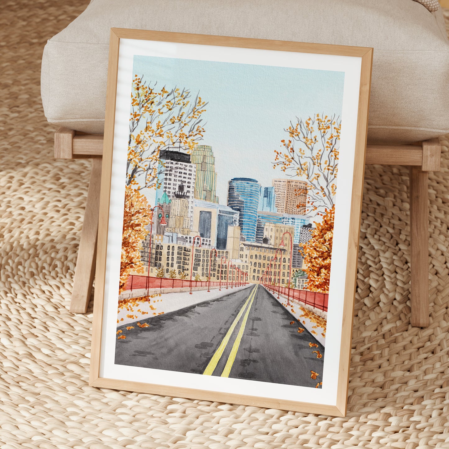 Minneapolis Watercolor Print, Minnesota Printable Wall Art, Minneapolis Cityscape Painting, Fall Decor