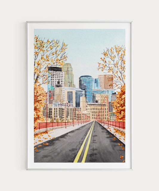 Minneapolis Watercolor Print, Minnesota Fall Wall Art, Minneapolis Cityscape, USA Travel Art