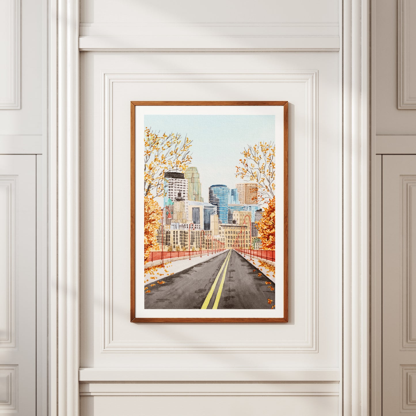 Minneapolis Watercolor Print, Minnesota Fall Wall Art, Minneapolis Cityscape, USA Travel Art