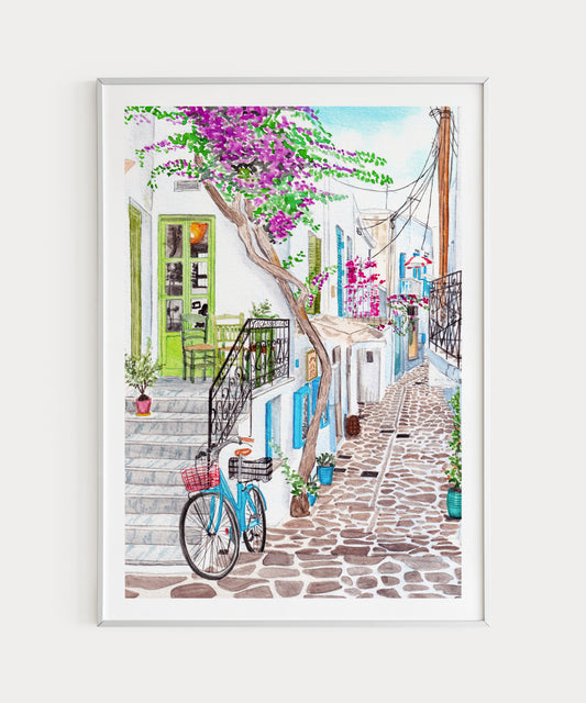 Impresión artística en acuarela del paisaje urbano de Paros, Grecia | Decoración mediterránea | Regalo de viaje a una isla griega | Paisaje costero
