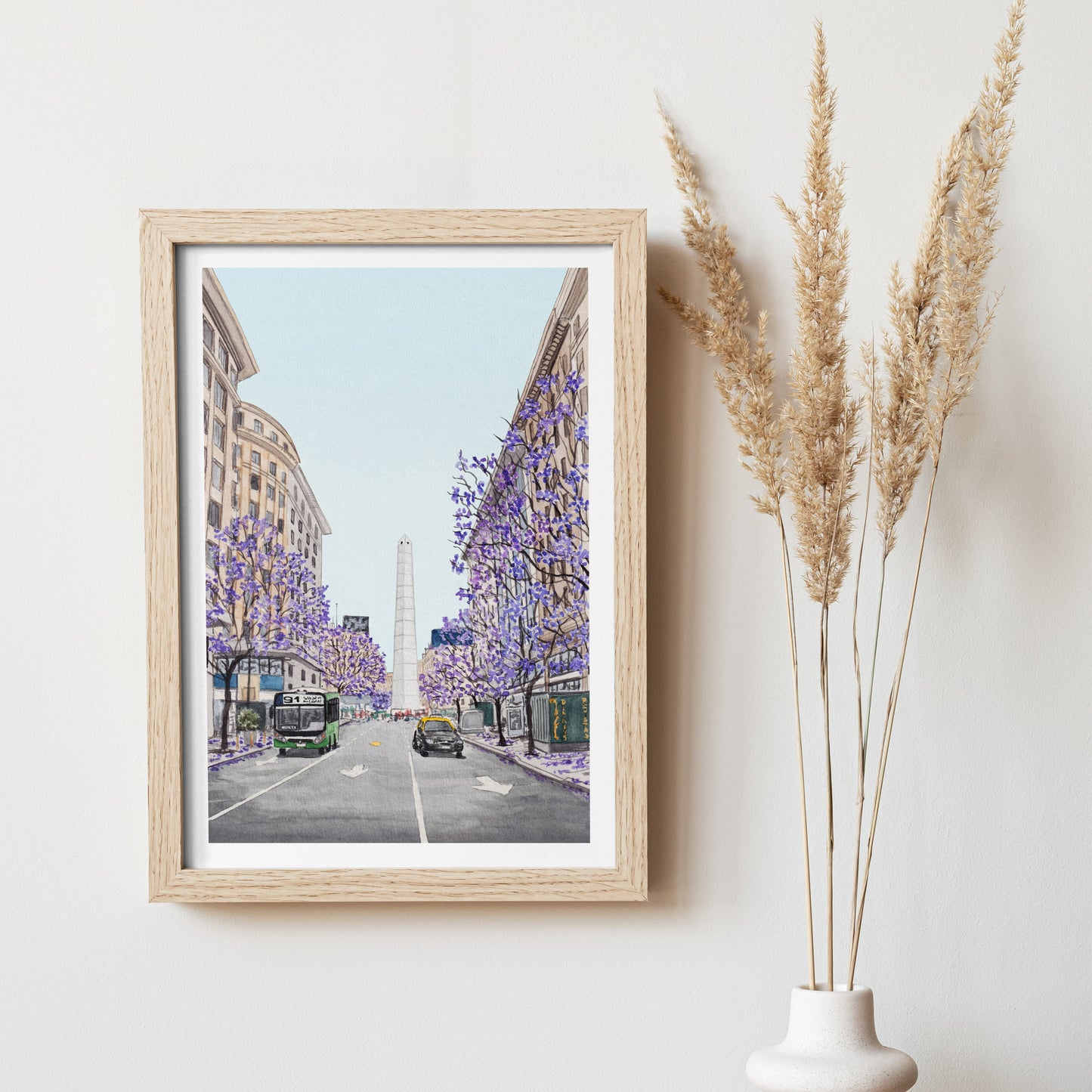 Buenos Aires Obelisco Watercolor Art Print, Argentina Wall Art, Jacaranda Trees, Buenos Aires Cityscape