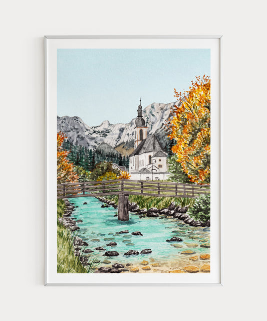 Ramsau Germany Watercolor Art Print, Germany Wall Art, Ramsau Painting, German Alps Print, Travel Gift