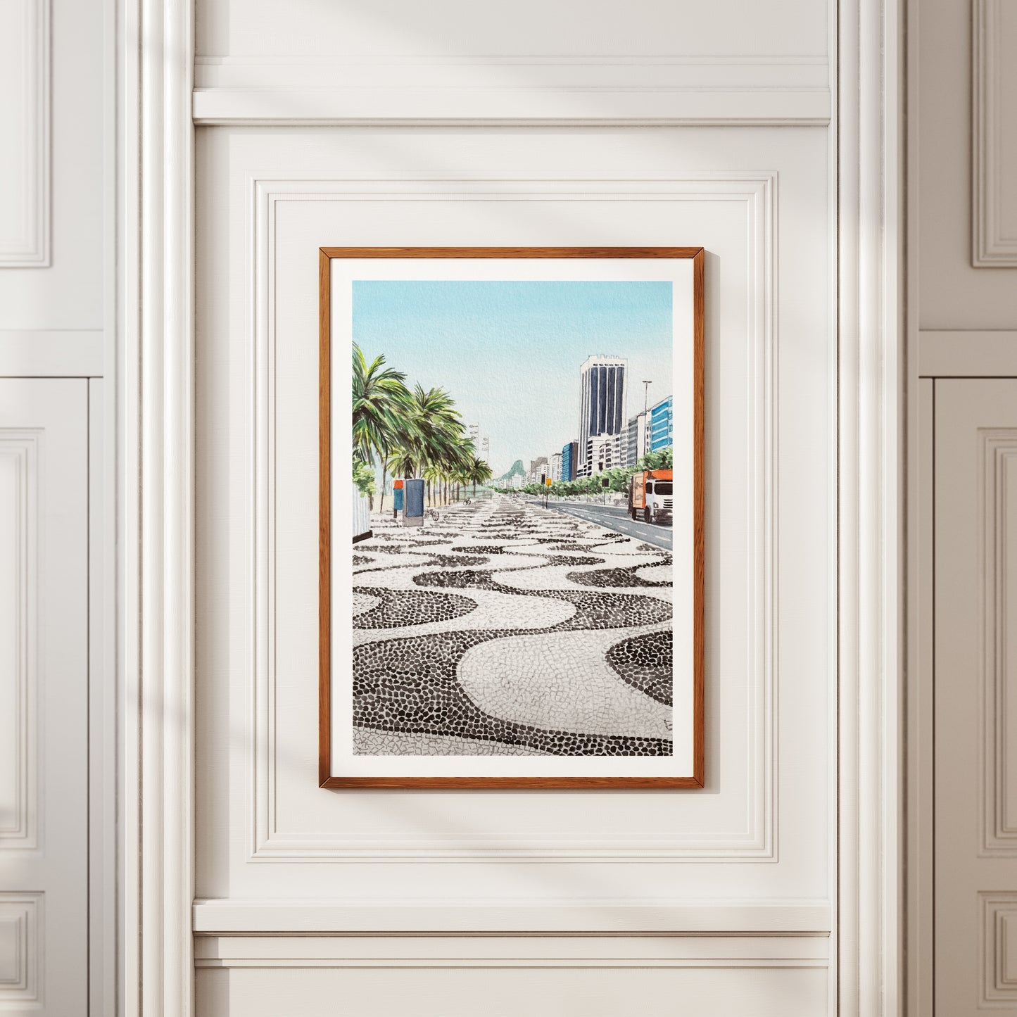 Impresión artística en acuarela de la playa de Copacabana, Río de Janeiro, Brasil | Paisaje urbano de Río de Janeiro | Regalo de viaje | Arte mural tropical