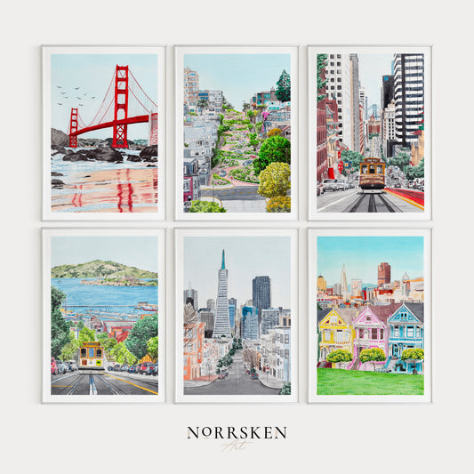 San Francisco Set of 6 Watercolor Wall Art - NorrskenArt