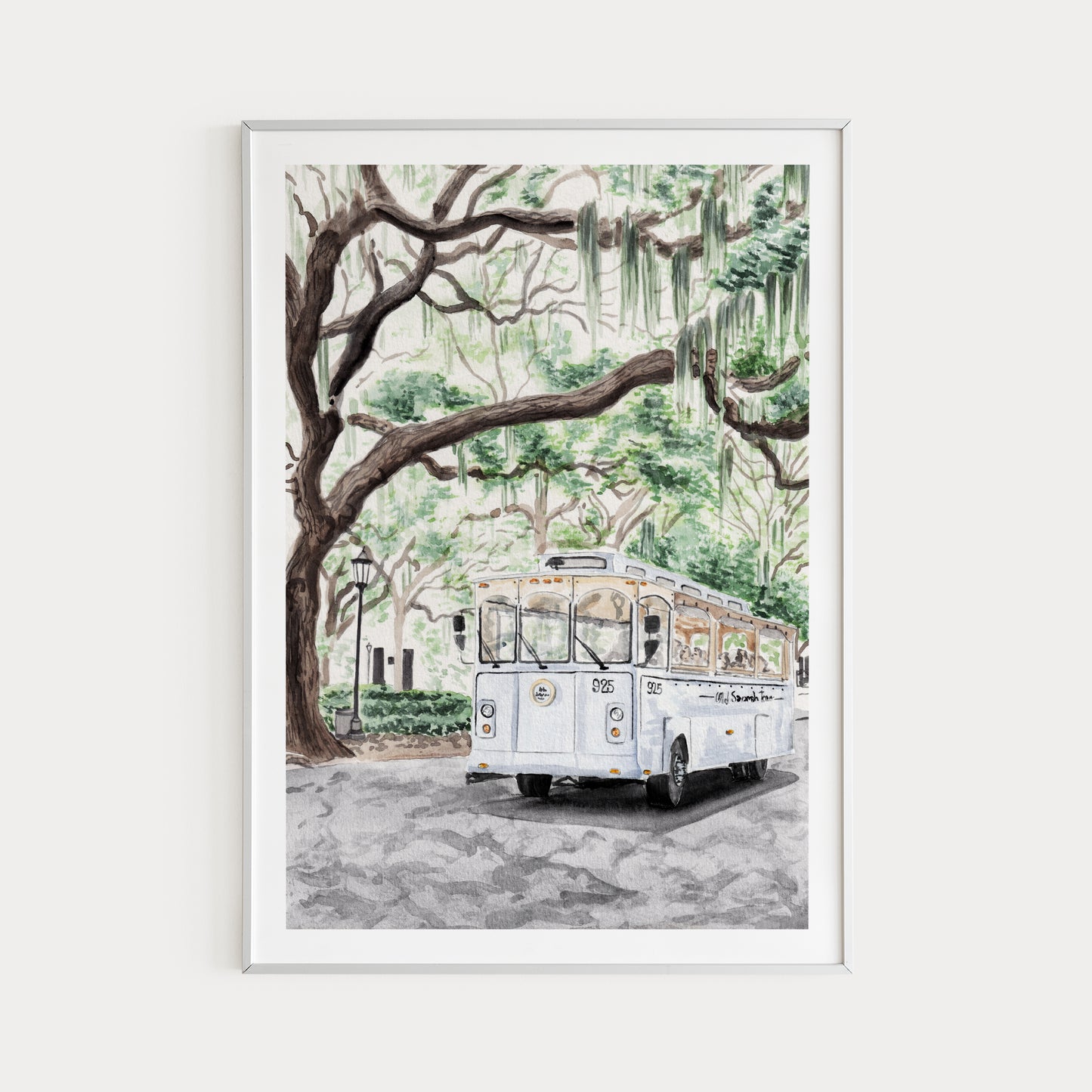 Savannah, Georgia Cityscape - Watercolor Art Print - Savannah Trolley - Travel Gift - NorrskenArt