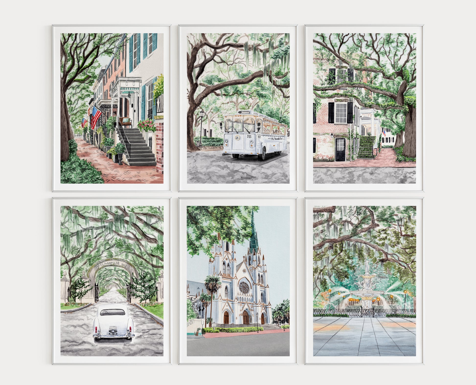 Savannah Georgia Watercolor Art Prints - Set of 6 - Travel Gift