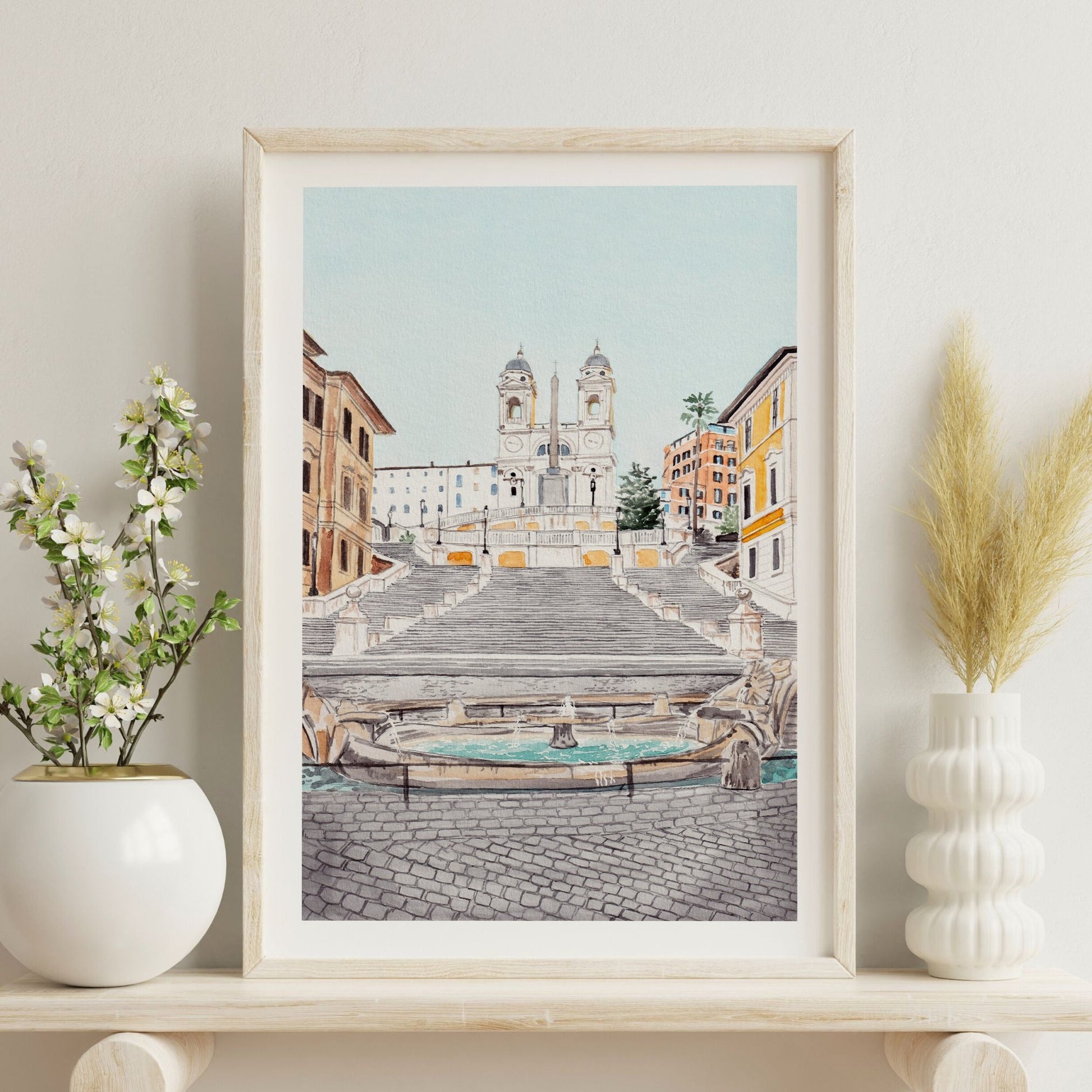 Spanish Steps - Rome Italy Cityscape - Watercolor Art Print - Travel Gift