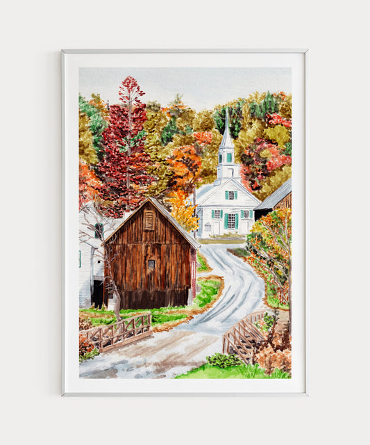 Stowe Vermont Watercolor Fall Wall Art, Vermont Landscape, Stowe Painting, USA Fall Decor, Vermont Art Housewarming Gift
