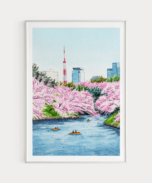 Tokyo Tower Japan Wall Art, Watercolor Print, Japanese Art, Tokyo Cityscape, Spring Decor, Asian Art