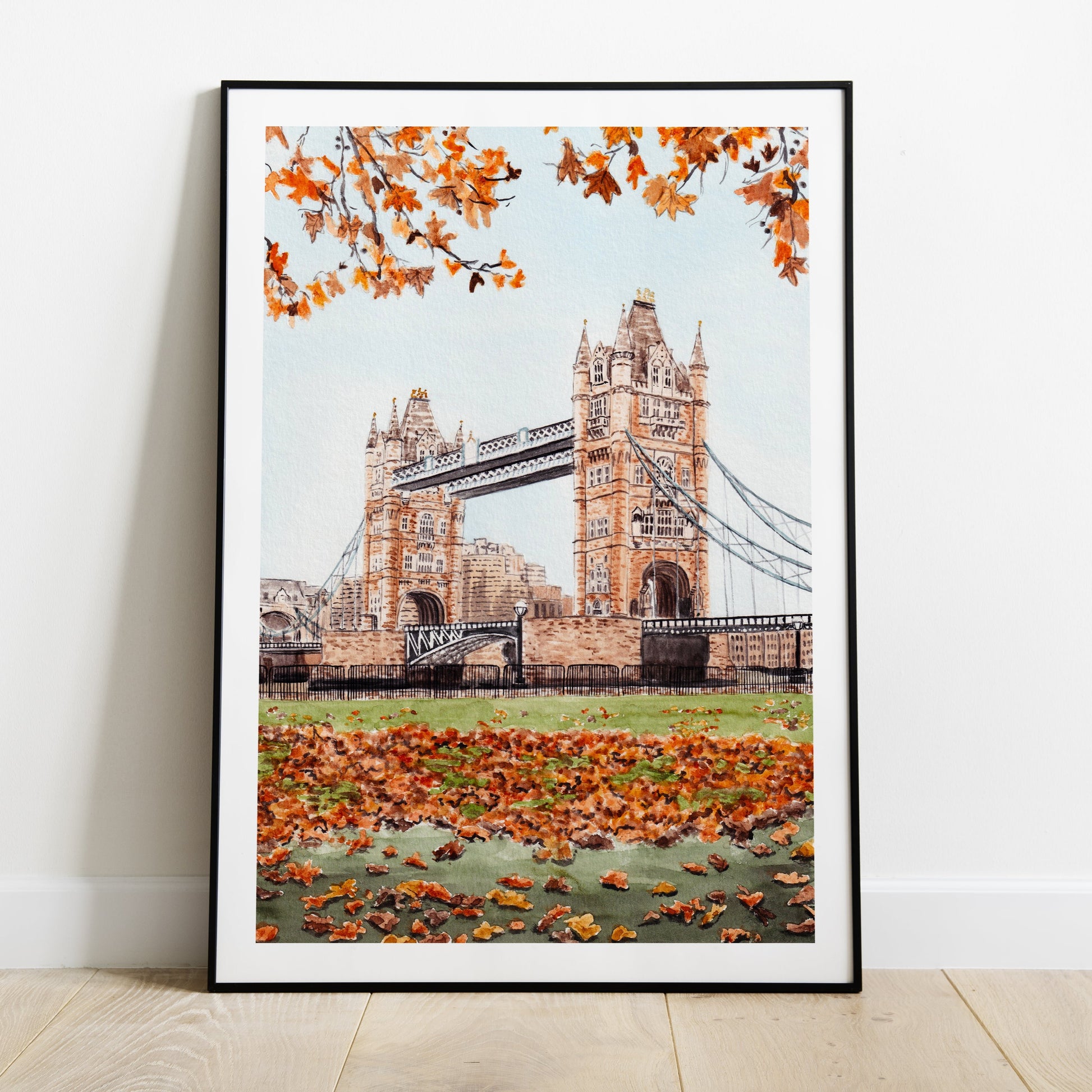 Tower Bridge London Fall Wall Art - Watercolor Cityscape - NorrskenArt