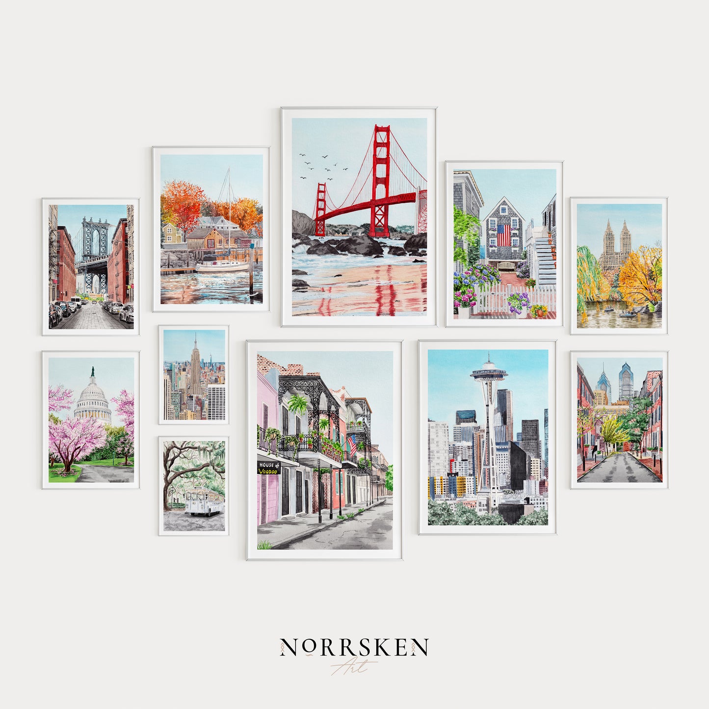 US gallery watercolor wall art - NorrskenArt