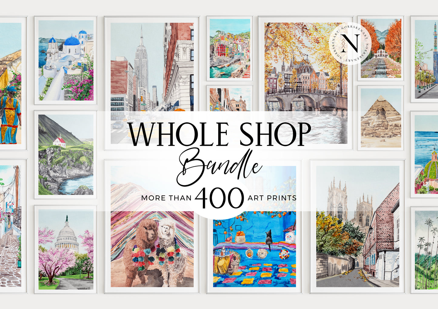 Watercolor Bundle of Cityscapes and Landscapes - Gallery Wall Art - NorrskenArt