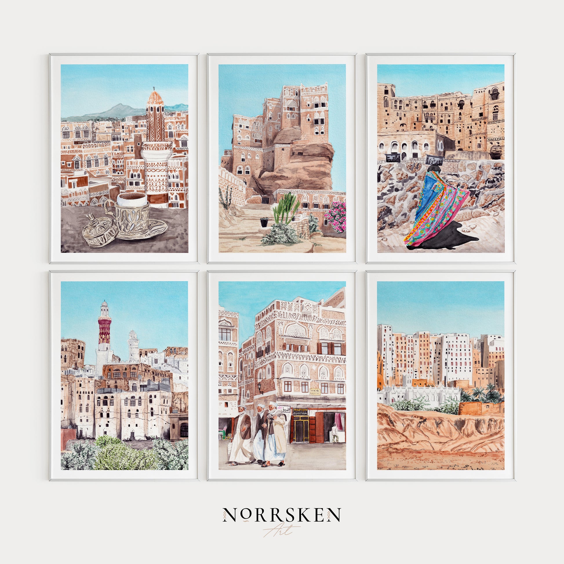 Yemen Set of 6 Watercolor Wall Art - NorrskenArt
